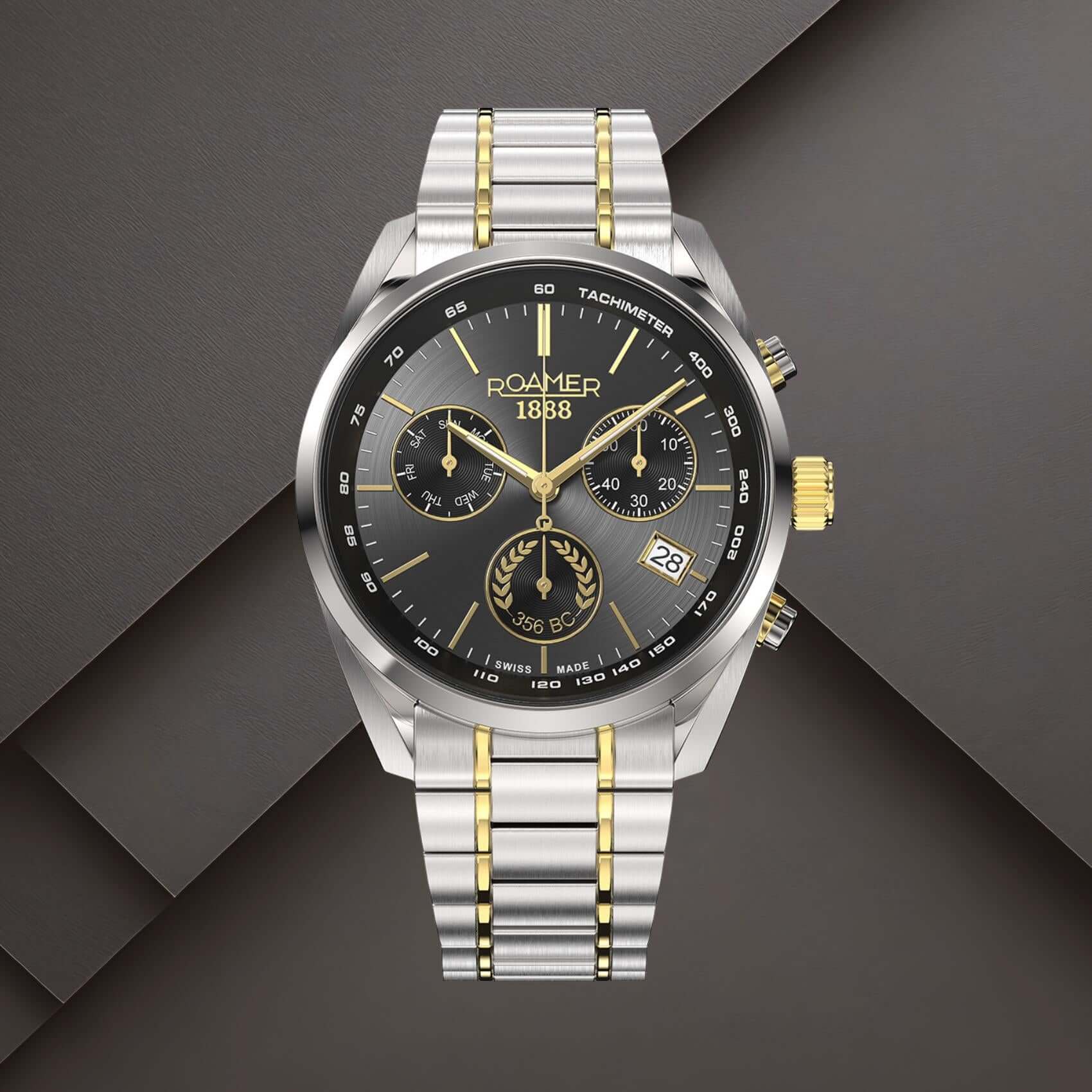 Roamer 993819-47-85-21 Pro Chrono Alexander the Great με δίχρωμο μπρασελέ, μαύρο καντράν 44mm και χρυσές λεπτομέρειες.