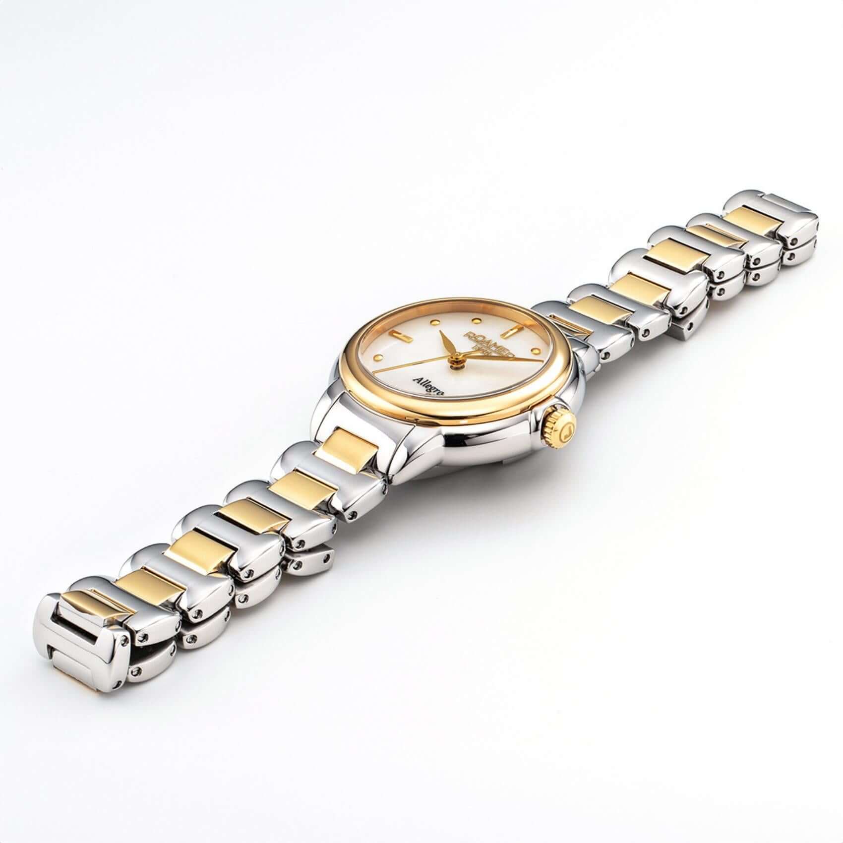 Γυναικείο ρολόι Roamer Allegra 977847-47-20-20 με δίχρωμο ατσάλινο μπρασελέ σε ασημί-χρυσό χρώμα και άσπρο φίλντισι καντράν διαμέτρου 32mm.