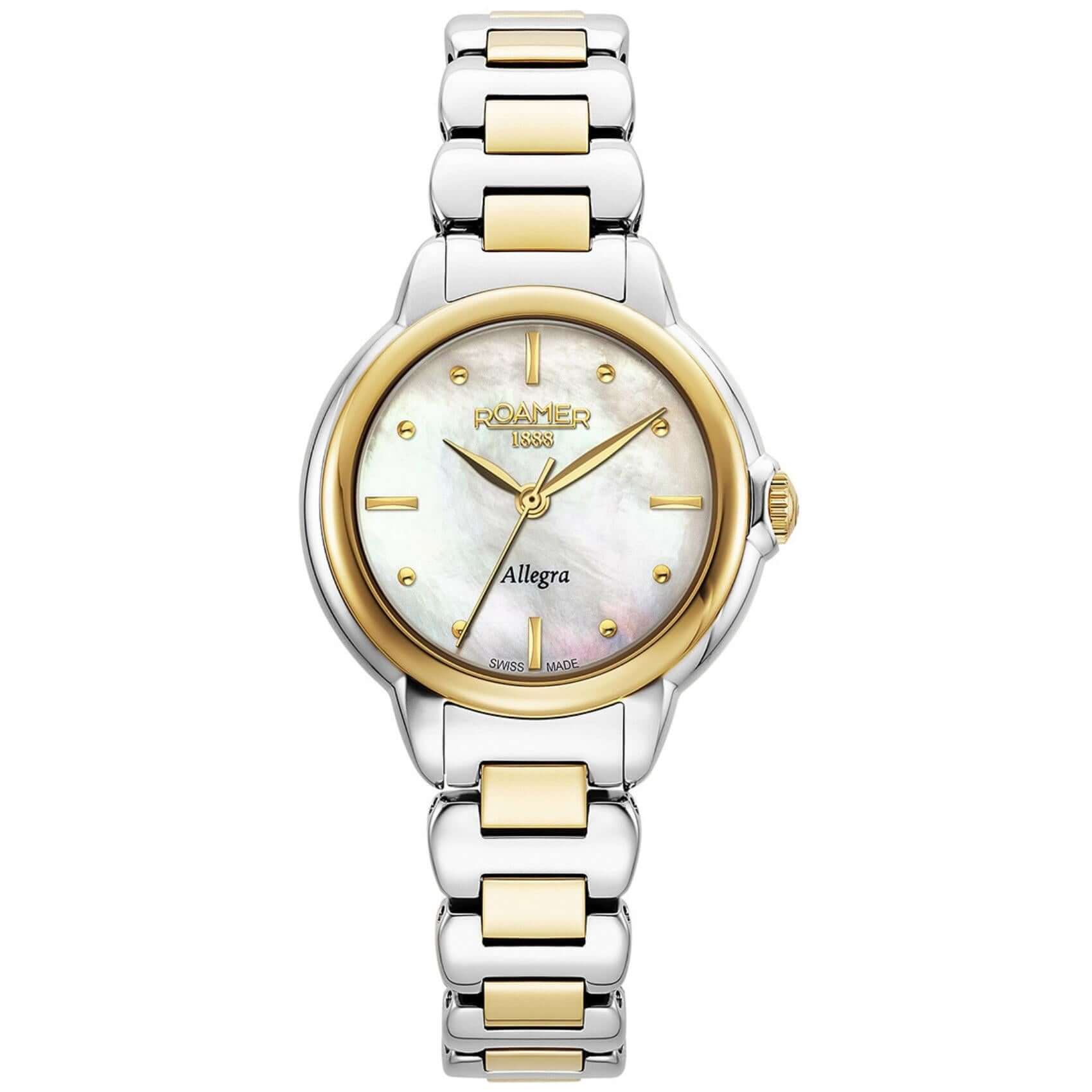 Γυναικείο ρολόι Roamer Allegra 977847-47-20-20 με δίχρωμο ατσάλινο μπρασελέ σε ασημί-χρυσό χρώμα και άσπρο φίλντισι καντράν διαμέτρου 32mm.