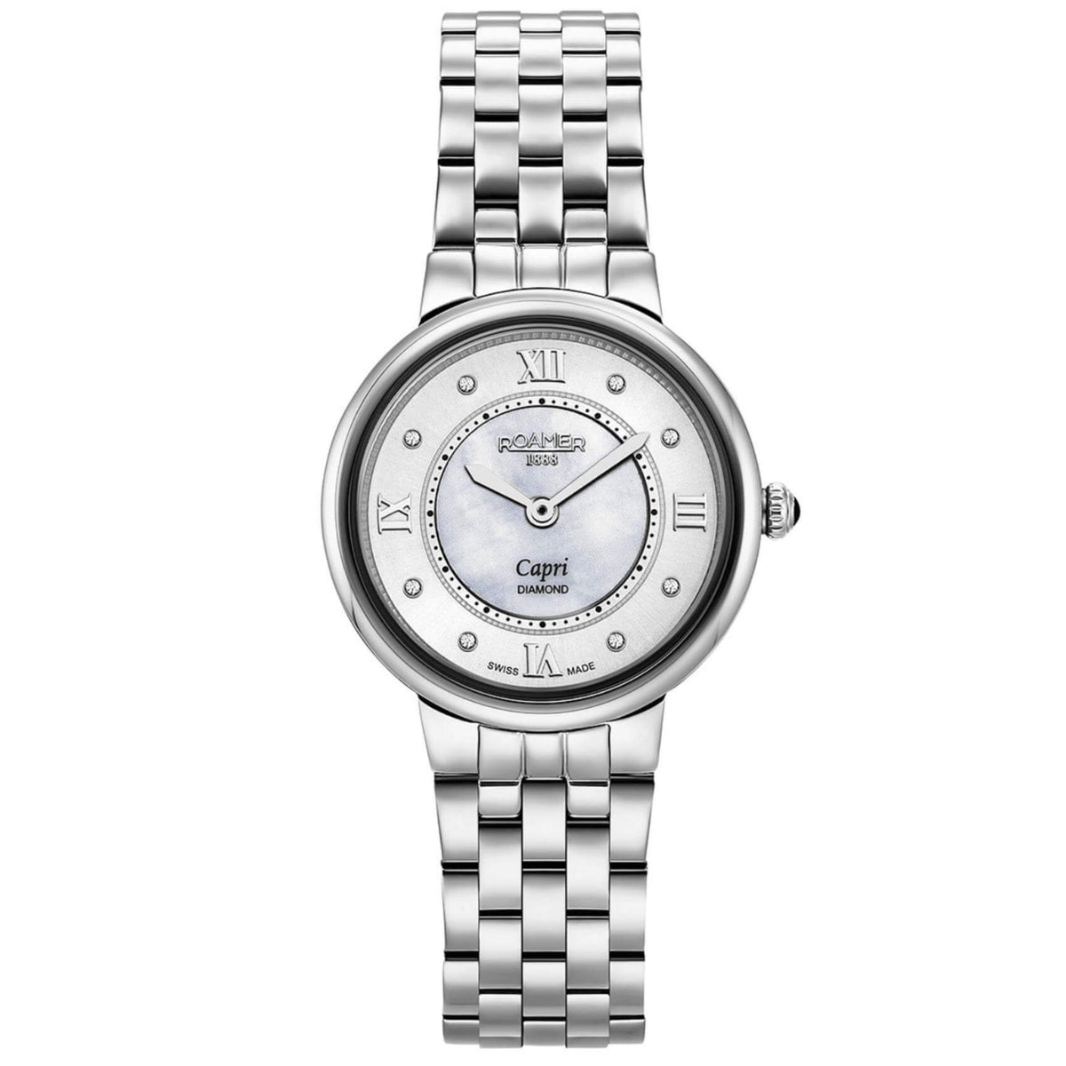 Roamer Capri 859845-41-29-50 με ασημί ατσάλινο μπρασελέ άσπρο φίλντισι καντράν με διαμάντια, μηχανισμό μπαταρίας quartz και κάσα διαμέτρου 30mm.