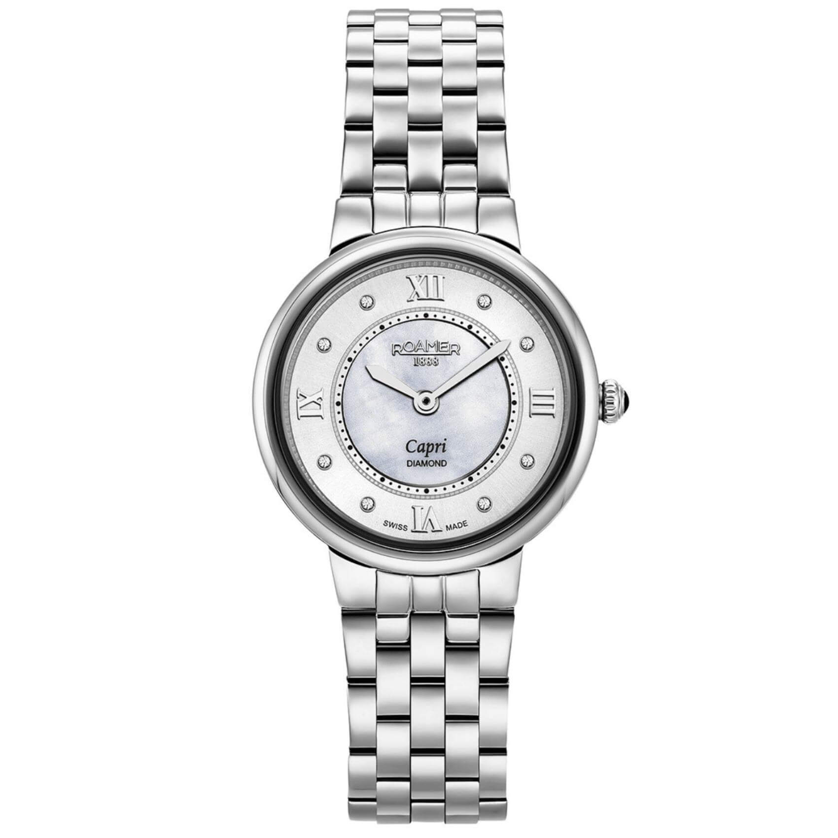Roamer Capri 859845-41-29-50 με ασημί ατσάλινο μπρασελέ άσπρο φίλντισι καντράν με διαμάντια, μηχανισμό μπαταρίας quartz και κάσα διαμέτρου 30mm.