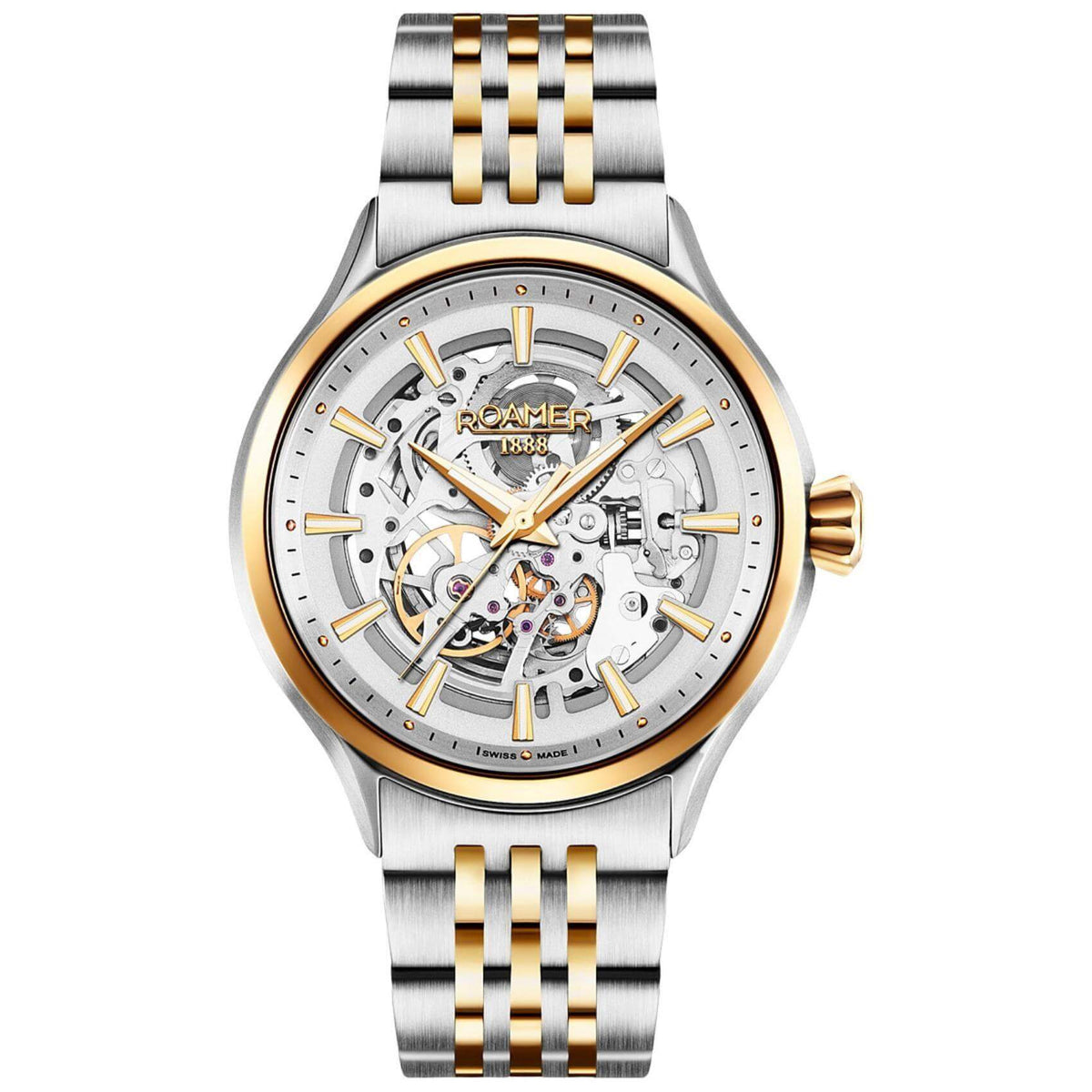 Αυτόματο Ρολόι Skeleton Roamer Competence III 101663-47-15-10 με  δίχρωμο ασημί-χρυσό ατσάλινο μπρασελέ διάφανο ασημί καντράν, τζαμάκι από ζαφείρι και στεφάνι διαμέτρου 43mm.