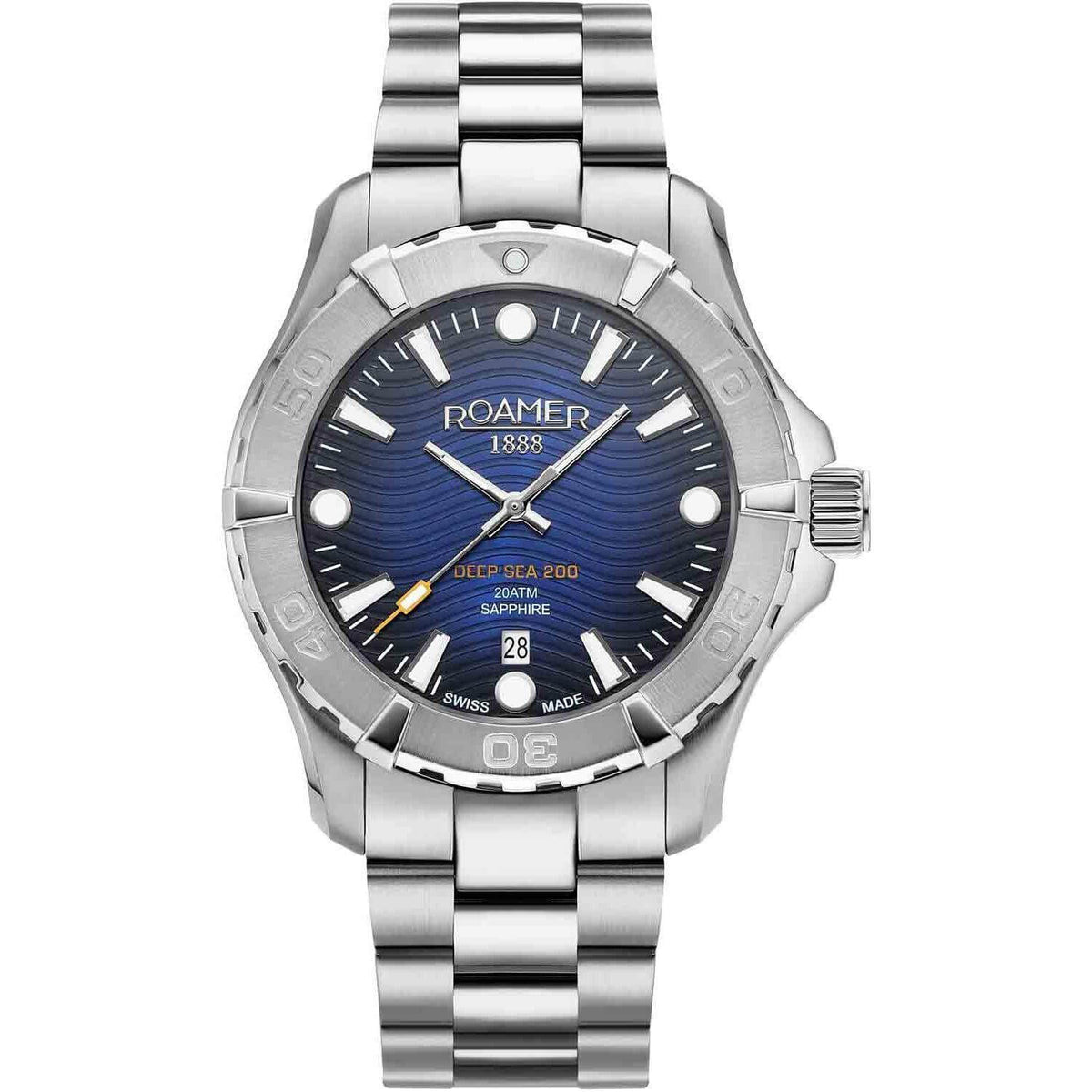 Καταδυτικό ρολόι Roamer Deep Sea 200 860833-41-45-70, με μπρασελέ σε ασημί χρώμα από ανοξείδωτο ατσάλι και μπλε καντράν με ένδειξη ημερομηνίας.