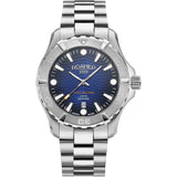 Καταδυτικό ρολόι Roamer Deep Sea 860833-41-45-70, με μπρασελέ σε ασημί χρώμα από ανοξείδωτο ατσάλι και μπλε καντράν με ένδειξη ημερομηνίας.