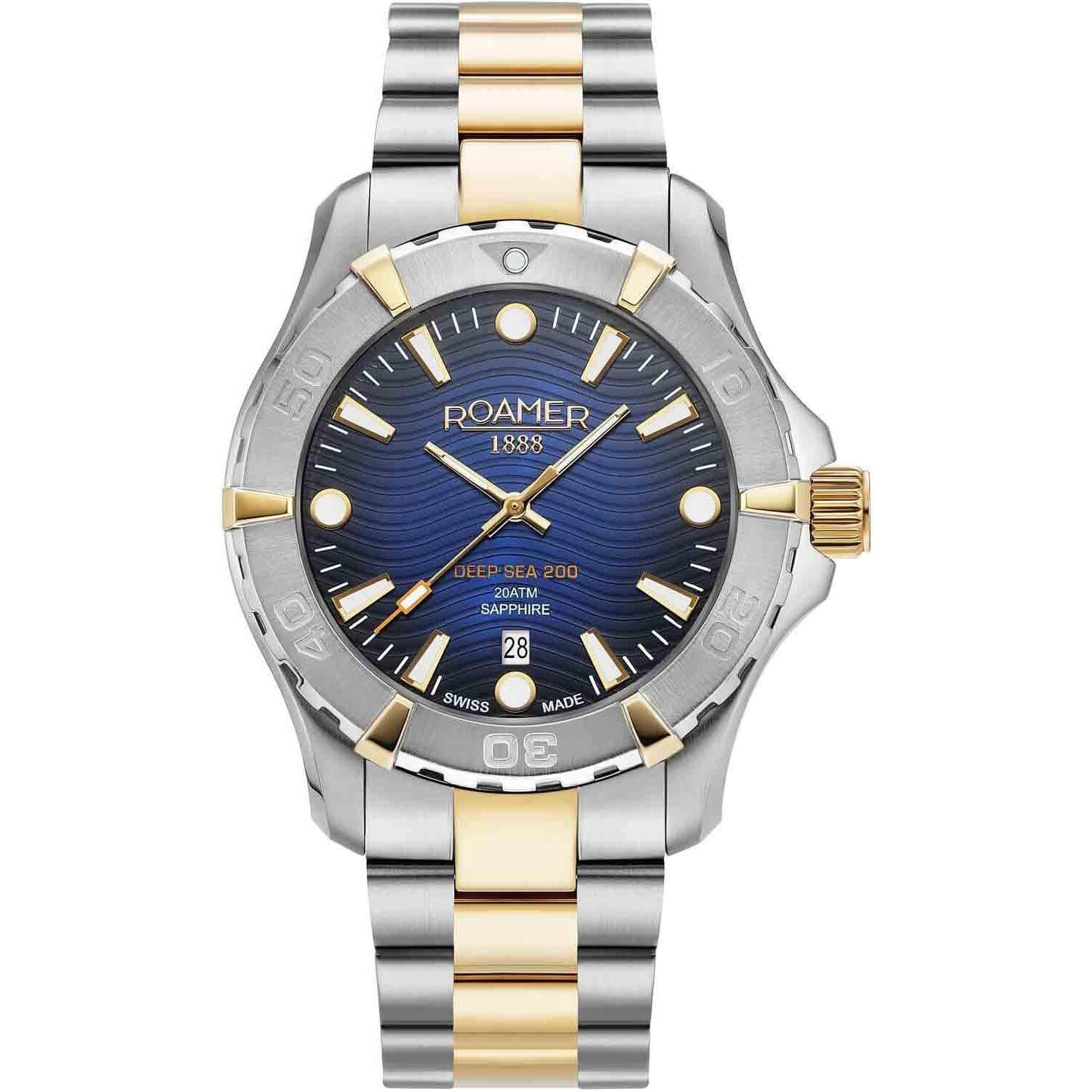 Καταδυτικό ρολόι Roamer Deep Sea 200 860833-47-45-70, με δίχρωμο μπρασελέ σε ασημί με χρυσό χρώμα από ανοξείδωτο ατσάλι και μπλε καντράν με ένδειξη ημερομηνίας.