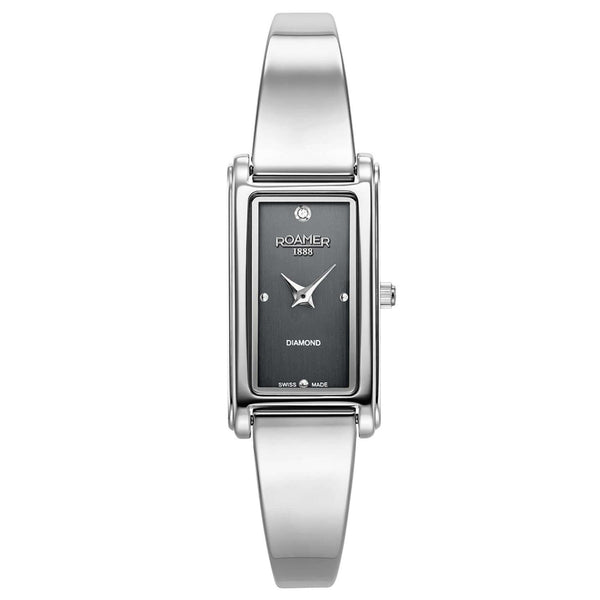 Γυναικείο ρολόι Roamer Elegance Diamond 866845-41-55-20 με ασημί ατσάλινο μπρασελέ και μαύρο τετράγωνο φίλντισι καντράν διαμέτρου 32mm με διαμάντια.