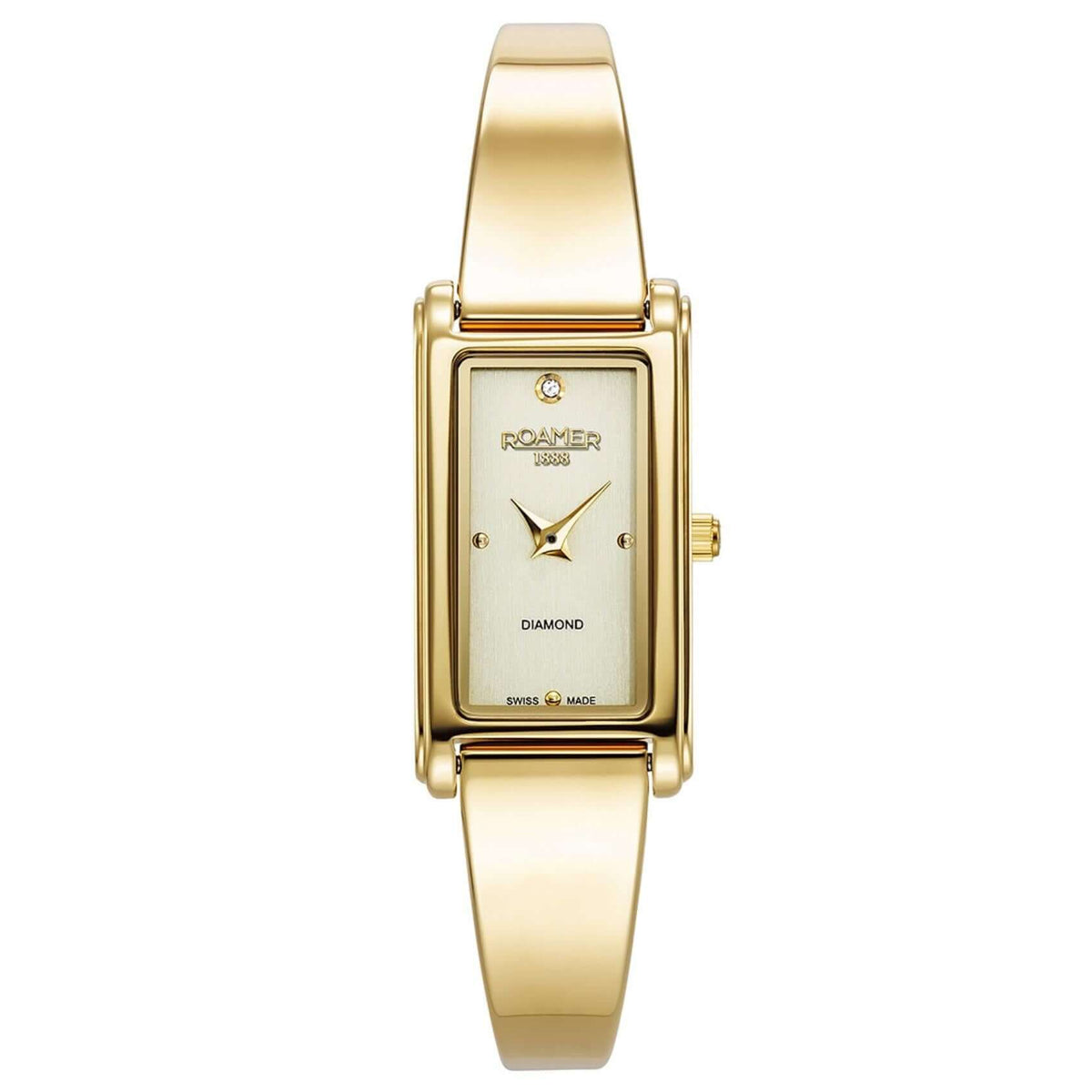 Γυναικείο ρολόι Roamer Elegance Diamond 866845-48-35-20 με χρυσό ατσάλινο μπρασελέ και χρυσό τετράγωνο φίλντισι καντράν διαμέτρου 32mm με διαμάντια.