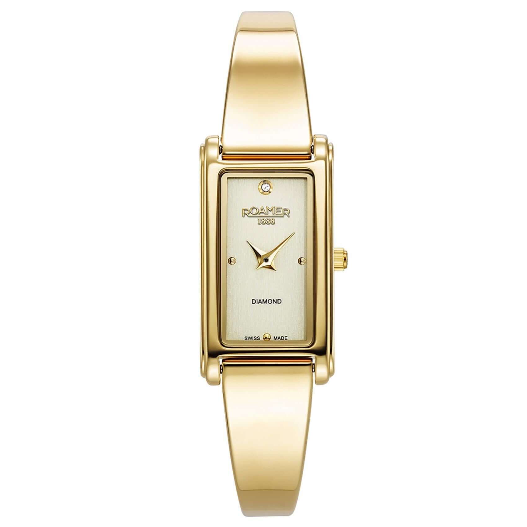 Γυναικείο ρολόι Roamer Elegance Diamond 866845-48-35-20 με χρυσό ατσάλινο μπρασελέ και χρυσό τετράγωνο φίλντισι καντράν διαμέτρου 32mm με διαμάντια.