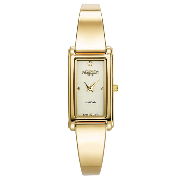 Γυναικείο ρολόι Roamer Elegance Diamond 866845-48-35-20 με χρυσό ατσάλινο μπρασελέ και χρυσό τετράγωνο φίλντισι καντράν διαμέτρου 32mm με διαμάντια.
