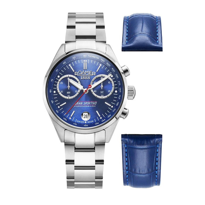 Ανδρικό ρολόι Roamer Gran Sportivo Box Set 978818-41-45-20 με ασημί ατσάλινο μπρασελέ και μπλε δερμάτινο λουράκι με μπλε καντράν 41mm.