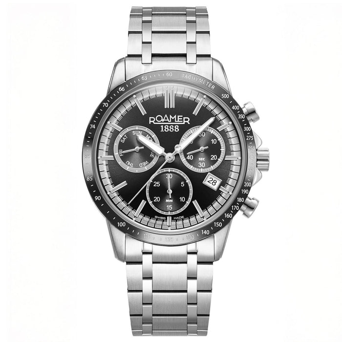 Ανδρικό ρολόι Roamer Mercury Chrono 968988-41-85-20 με ασημί μπρασελέ και μαύρο στρογγυλό καντράν.
