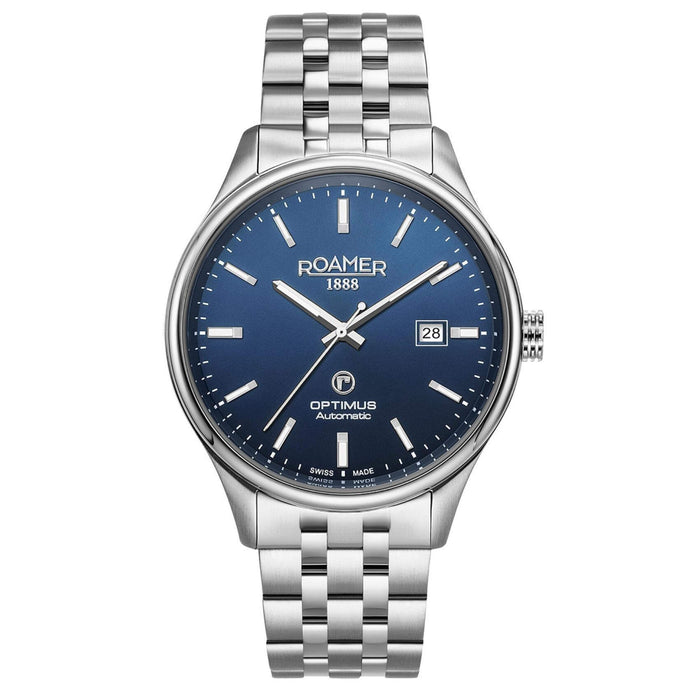 Αυτόματο ρολόι Roamer Optimus 983983-41-45-50 με ασημί ατσάλινο μπρασελέ, μπλε καντράν διαμέτρου 42mm με τζαμάκι από ζαφείρι και open back μηχανισμό.