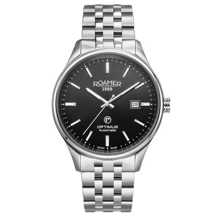 Αυτόματο ρολόι Roamer Optimus 983983-41-55-50 με ασημί ατσάλινο μπρασελέ,μαύρο καντράν διαμέτρου 42mm με τζαμάκι από ζαφείρι και open back μηχανισμό.