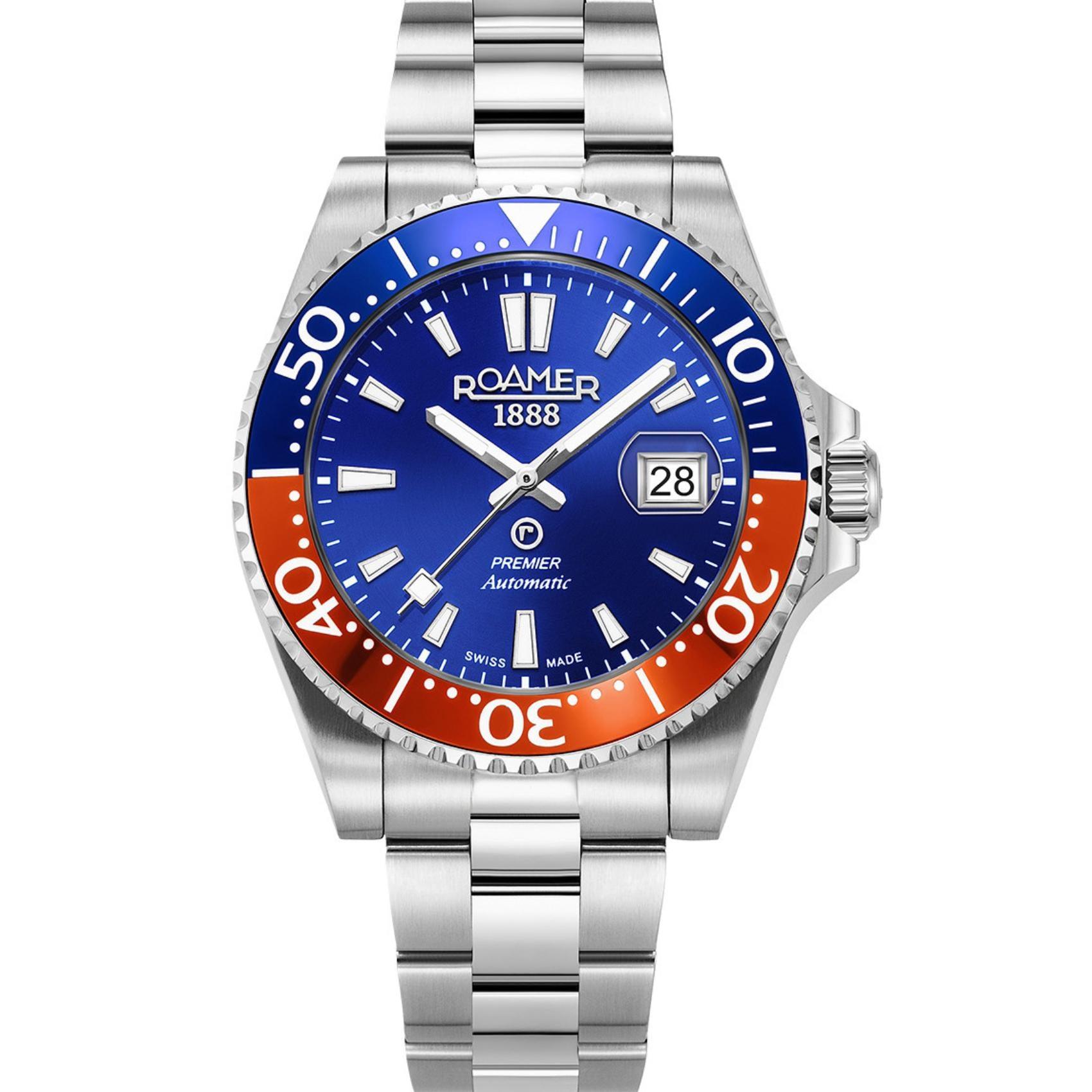 Αυτόματο ρολόι καταδυτικό Roamer Premier 986983-41-45-20 με ασημί μπρασελέ, μπλε καντράν με ένδειξη ημερομηνίας και κάσα διαμέτρου 42mm.