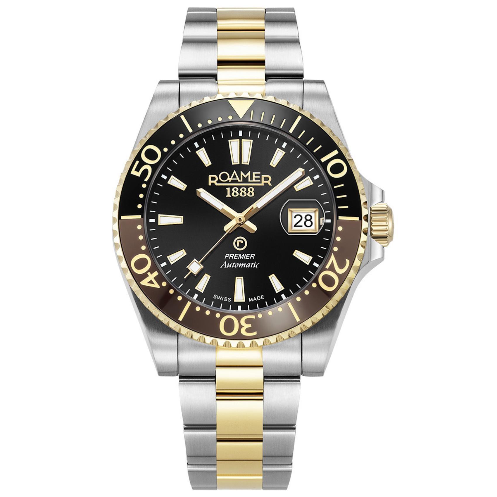 Αυτόματο ρολόι καταδυτικό Roamer Premier 986983-47-85-20 με δίχρωμο ασημί-χρυσό μπρασελέ, μαύρο καντράν με ένδειξη ημερομηνίας και κάσα διαμέτρου 42mm.