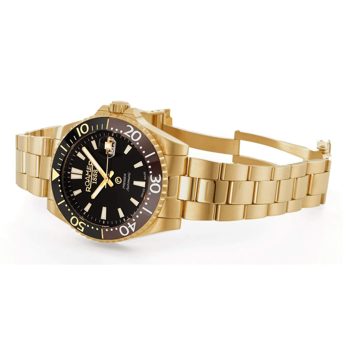 Αυτόματο ρολόι καταδυτικό Roamer Premier 986983-48-85-20 με χρυσό μπρασελέ, μαύρο καντράν με ένδειξη ημερομηνίας και κάσα διαμέτρου 42mm.