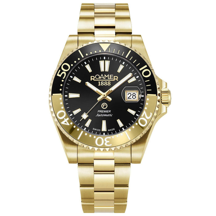 Αυτόματο ρολόι καταδυτικό Roamer Premier 986983-48-85-20 με χρυσό μπρασελέ, μαύρο καντράν με ένδειξη ημερομηνίας και κάσα διαμέτρου 42mm.