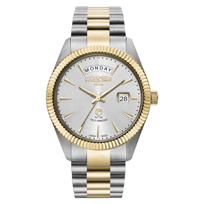 Roamer Primeline Day-Date 981662-48-15-90 με αυτόματο open back μηχανισμό, δίχρωμο ασημί-χρυσό ατσάλινο μπρασελέ, ασημί καντράν με ημερομηνία-ημέρα και κάσα διαμέτρου 42mm αδιάβροχο στα 100M.