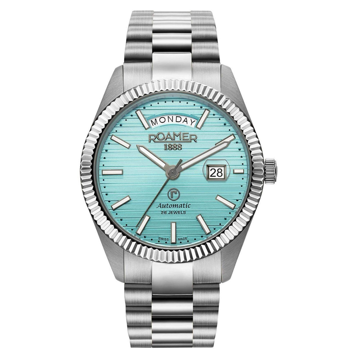 Αυτόματο ρολόι open back Roamer Primeline Day Date II 981666-41-05-50 με ασημί μπρασελέ, γαλάζιο καντράν με ένδειξη ημέρας και ημερομηνίας και κάσα διαμέτρου 42mm.