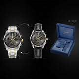 Roamer Pro Chrono Alexander the Great 993819-47-85-21 box set με ρολόι, επιπλέον μαύρο δερμάτινο λουράκι και μπλε συσκευασία Roamer.