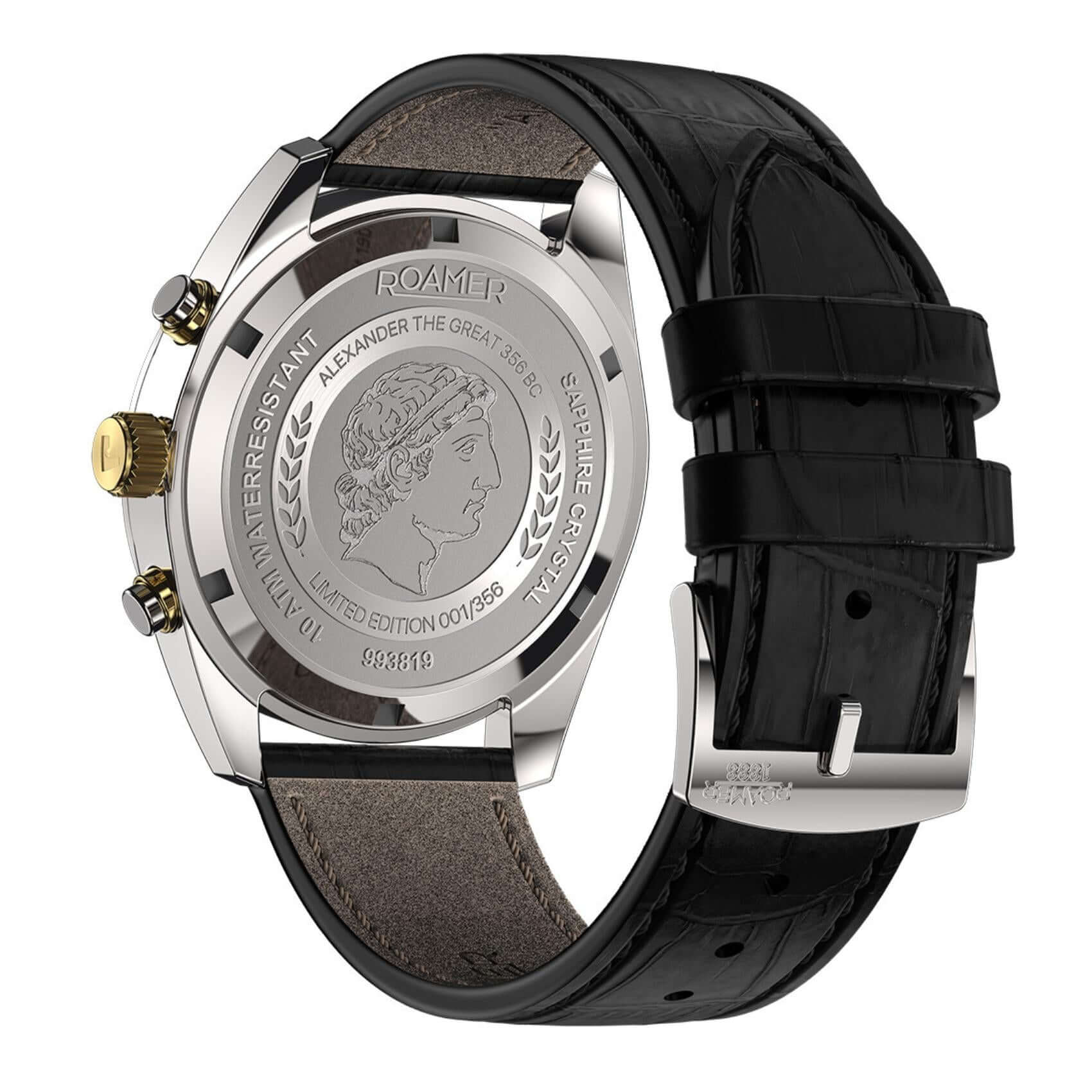 Πίσω όψη του Roamer Pro Chrono Alexander the Great 993819-47-85-21 με μαύρο δερμάτινο λουράκι, χάραξη Μεγάλου Αλεξάνδρου και κούμπωμα.
