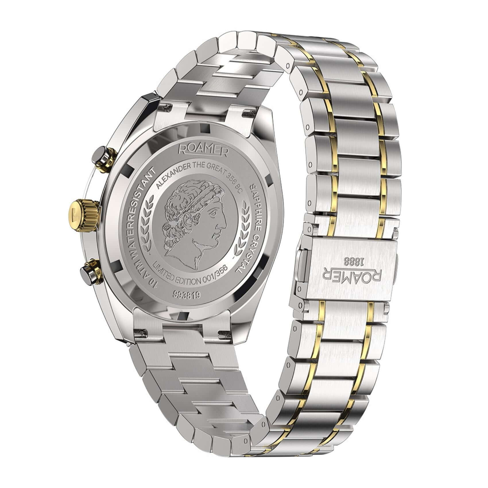 Πίσω όψη του Roamer Pro Chrono Alexander the Great 993819-47-85-21 με χάραξη της μορφής του Μεγάλου Αλεξάνδρου και αριθμημένη limited edition κάσα.
