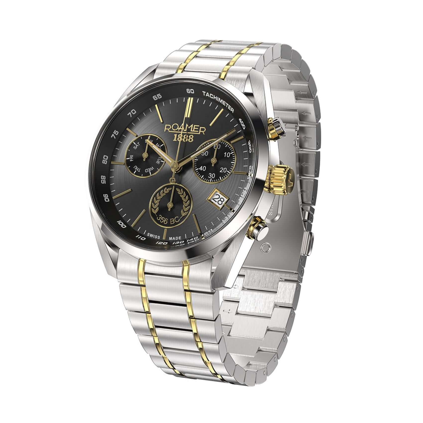 : Πλάγια λήψη του Roamer Pro Chrono Alexander the Great 993819-47-85-21 με δίχρωμο ασημί-χρυσό μπρασελέ και κουμπιά χρονογράφου.