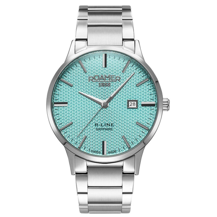 Ρολόι Roamer R Line Classic 718833-41-05-20 με ασημί μπρασελέ, τιρκουάζ καντράν με ημέρας-ημερομηνία και διάμετρο στεφανιού 43mm.