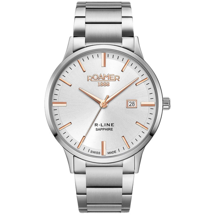 Ρολόι Roamer R Line Classic 718833-41-15-70 με ασημί μπρασελέ, ασημί καντράν με ημέρας-ημερομηνία και διάμετρο στεφανιού 43mm.