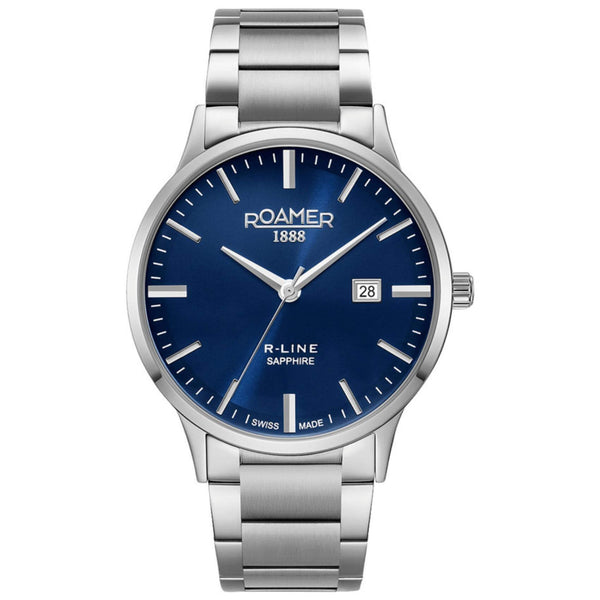 Ρολόι Roamer R Line Classic 718833-41-45-70 με ασημί μπρασελέ, μπλε καντράν με ημέρας-ημερομηνία και διάμετρο στεφανιού 43mm.