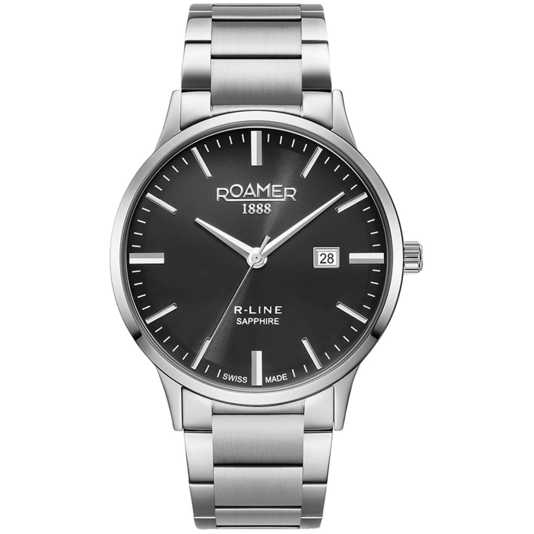 Ρολόι Roamer R Line Classic 718833-41-55-70 με ασημί μπρασελέ, μαύρο καντράν με ημέρας-ημερομηνία και διάμετρο στεφανιού 43mm.