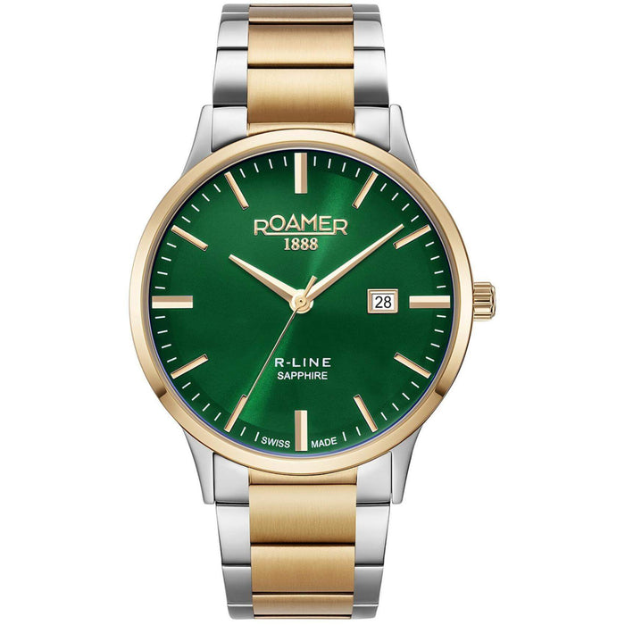 Ρολόι Roamer R Line Classic 718833-48-75-70 με δίχρωμο ασημί-χρυσό μπρασελέ, πράσινο καντράν με ημέρας-ημερομηνία και διάμετρο στεφανιού 43mm.