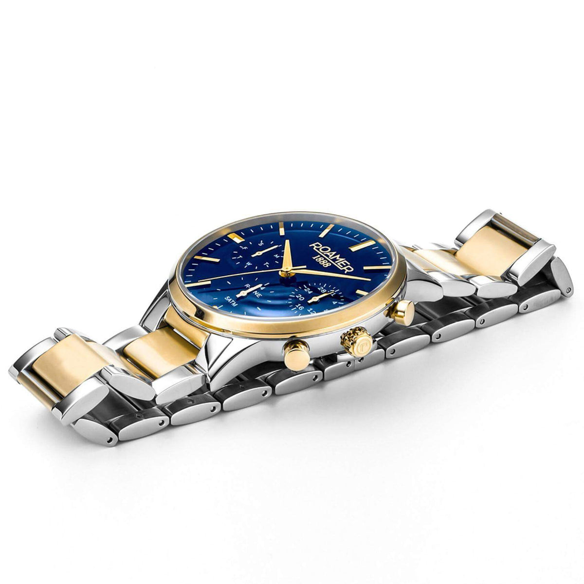 Ρολόι Roamer R Line 718982-48-45-70 με ασημί-χρυσό μπρασελέ, μπλε καντράν με ένδειξη ημέρας/ημερομηνίας και διάμετρο στεφανιού 43mm.