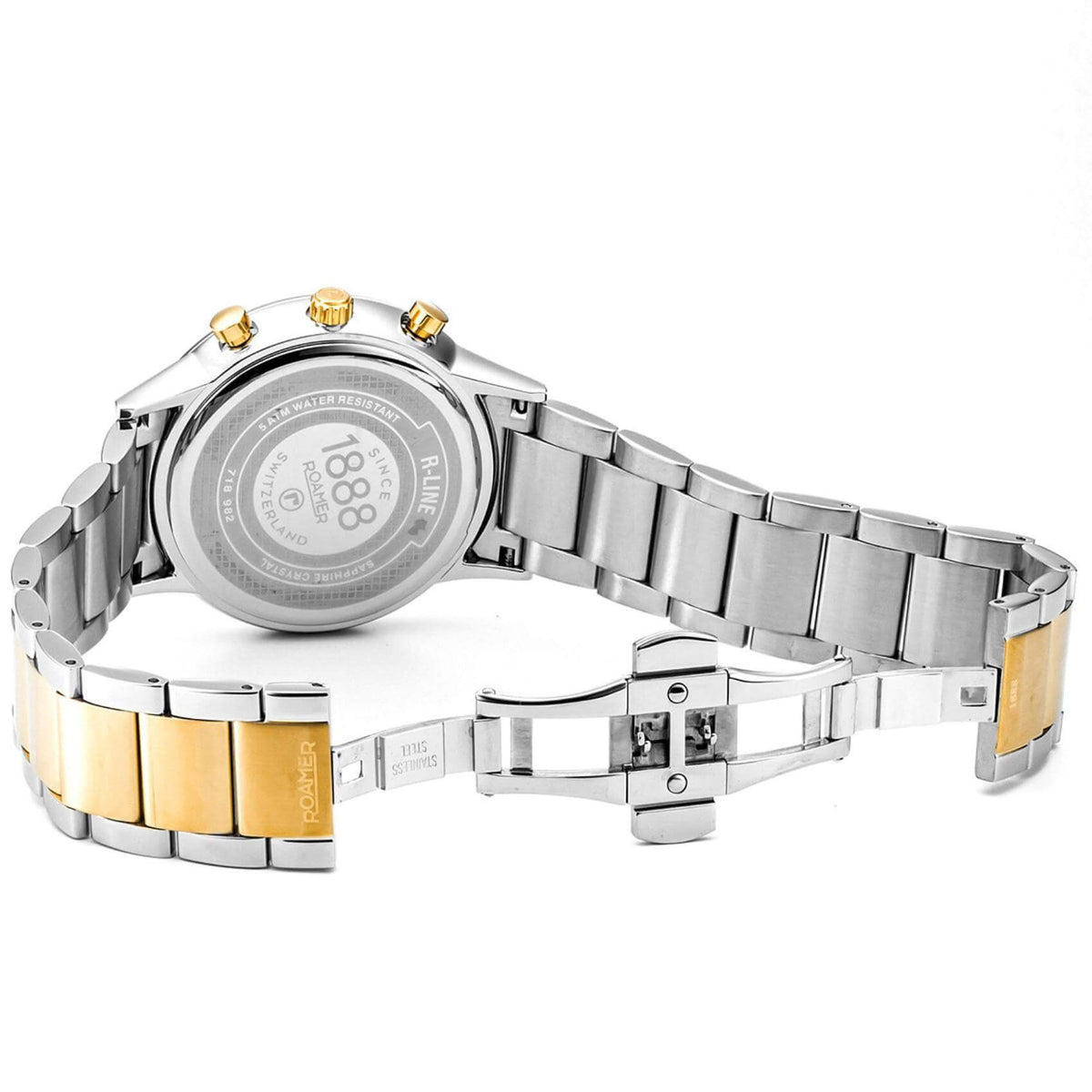 Ρολόι Roamer R Line 718982-48-45-70 με ασημί-χρυσό μπρασελέ, μπλε καντράν με ένδειξη ημέρας/ημερομηνίας και διάμετρο στεφανιού 43mm.