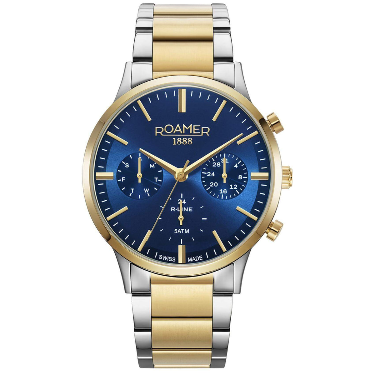 Ρολόι Roamer R Line 718982-48-45-70 με ασημί-χρυσό μπρασελέ, μπλε καντράν με ένδειξη ημέρας/ημερομηνίας και διάμετρο στεφανιού 43mm.