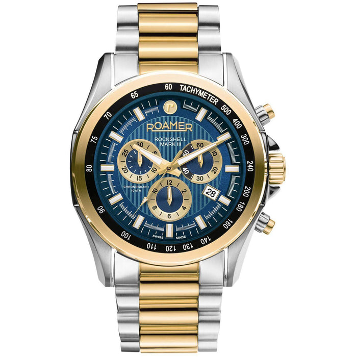 Ρολόι Roamer Rockshell Mark III Chrono 220837-48-45-20 χρονογράφος με δίχρωμο ασημί-χρυσό ατσάλινο μπρασελέ, μπλε καντράν με τζαμάκι από ζαφείρι και στεφάνι διαμέτρου 44mm αδιάβροχο.