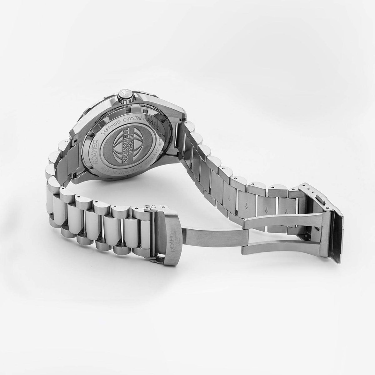 Καταδυτικό ρολόι Roamer Rockshell Mark III Scuba 220858-41-85-50 με ασημί ατσάλινο μπρασελέ μαύρο καντράν, τζαμάκι από ζαφείρι και στεφάνι διαμέτρου 44mm.