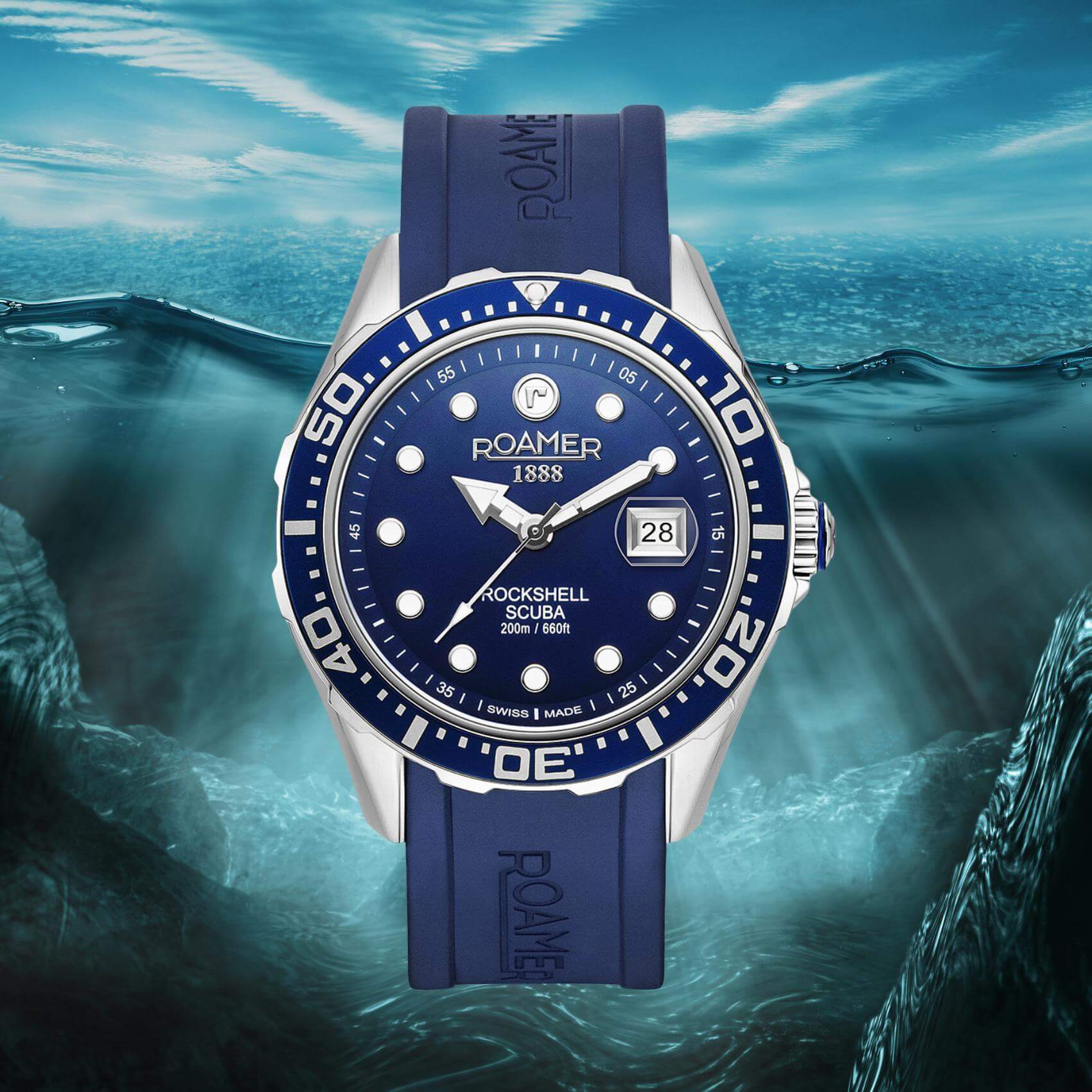 Καταδυτικό ρολόι Rockshell Mark III Scuba 867833-41-45-02 με μπλε καουτσούκ λουράκι, μπλε καντράν με τζαμάκι από ζαφείρι και στεφάνι διαμέτρου 45mm αδιάβροχο στα 200M.
