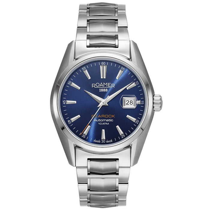Roamer Searock Automatic II 210665-41-45-20 με αυτόματο open back μηχανισμό, ασημί ατσάλινο μπρασελέ, μπλε καντράν με ένδειξη ημερομηνίας και κάσα διαμέτρου 42mm.