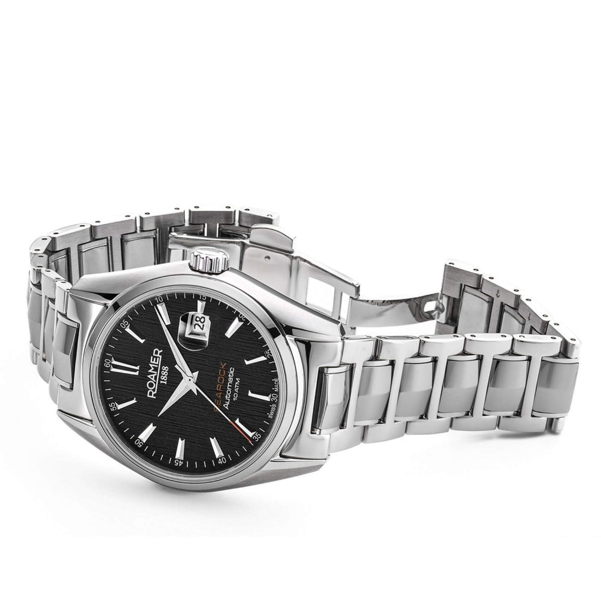 Roamer Searock Automatic II 210665-41-55-20 με αυτόματο open back μηχανισμό, ασημί ατσάλινο μπρασελέ, μαύρο καντράν με ένδειξη ημερομηνίας και κάσα διαμέτρου 42mm.