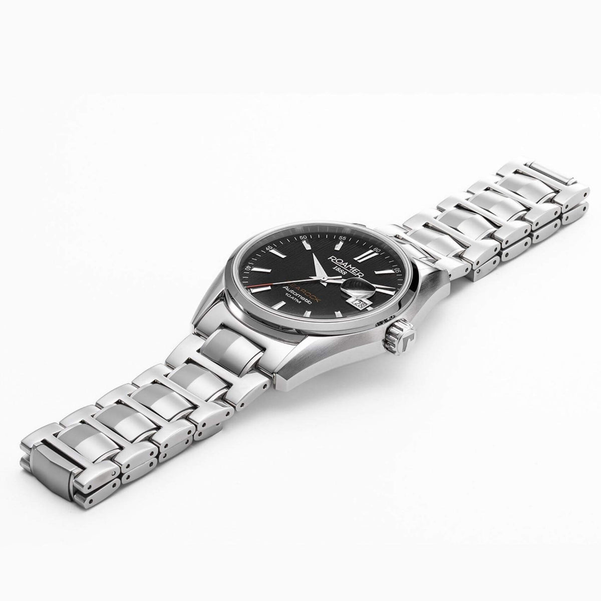 Roamer Searock Automatic II 210665-41-55-20 με αυτόματο open back μηχανισμό, ασημί ατσάλινο μπρασελέ, μαύρο καντράν με ένδειξη ημερομηνίας και κάσα διαμέτρου 42mm.