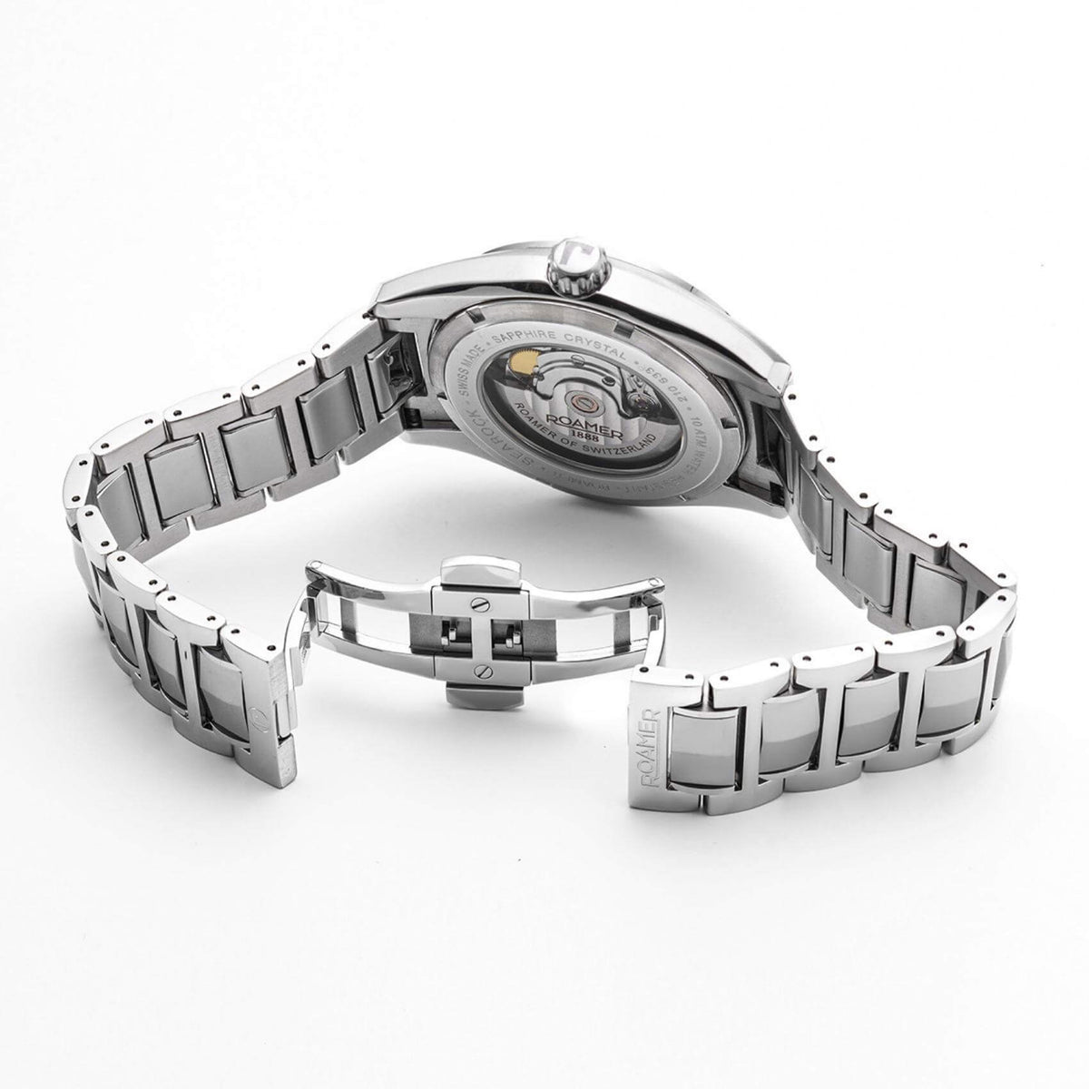 Roamer Searock Automatic II 210665-41-55-20 με αυτόματο open back μηχανισμό, ασημί ατσάλινο μπρασελέ, μαύρο καντράν με ένδειξη ημερομηνίας και κάσα διαμέτρου 42mm.