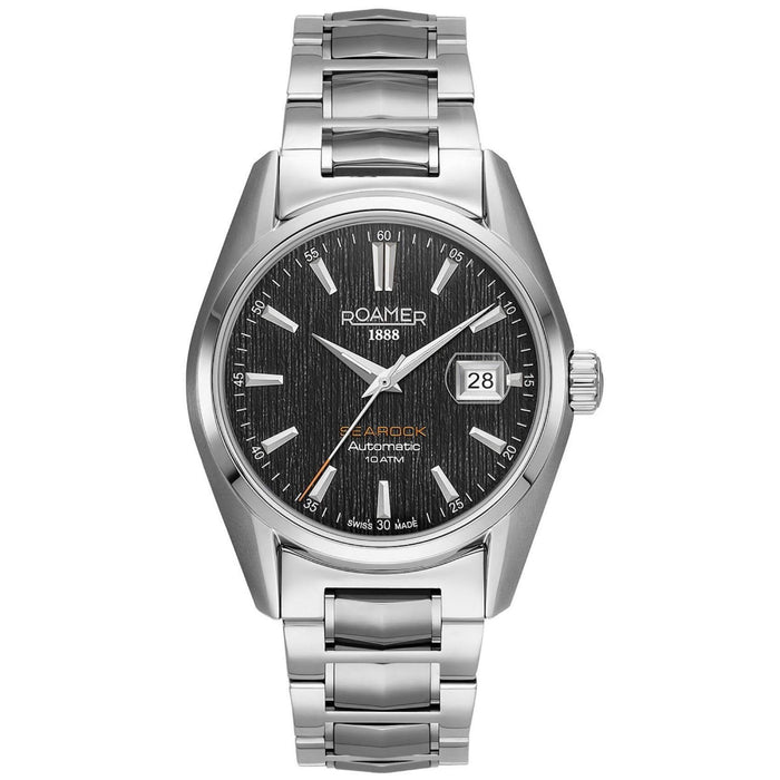 Roamer Searock Automatic II 210665-41-55-20 με αυτόματο open back μηχανισμό, ασημί ατσάλινο μπρασελέ, μαύρο καντράν με ένδειξη ημερομηνίας και κάσα διαμέτρου 42mm.