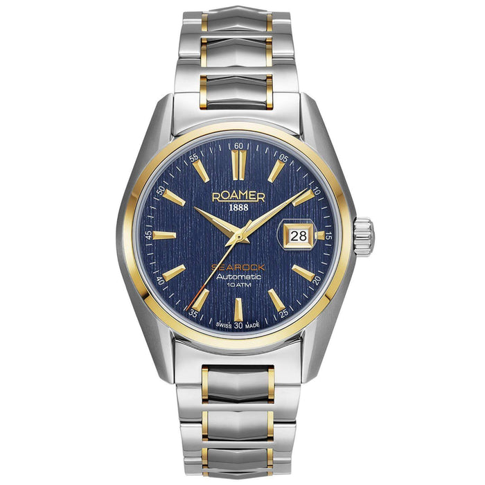 Αυτόματο ρολόι open back Roamer Searock Automatic II 210665-47-45-20 με δίχρωμο μπρασελέ, μπλε καντράν με ένδειξη ημερομηνίας και κάσα διαμέτρου 42mm.