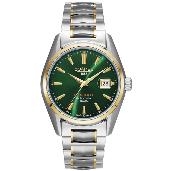 Αυτόματο ρολόι open back Roamer Searock Automatic II 210665-47-75-20 με δίχρωμο μπρασελέ, πράσινο καντράν με ένδειξη ημερομηνίας και κάσα διαμέτρου 42mm.
