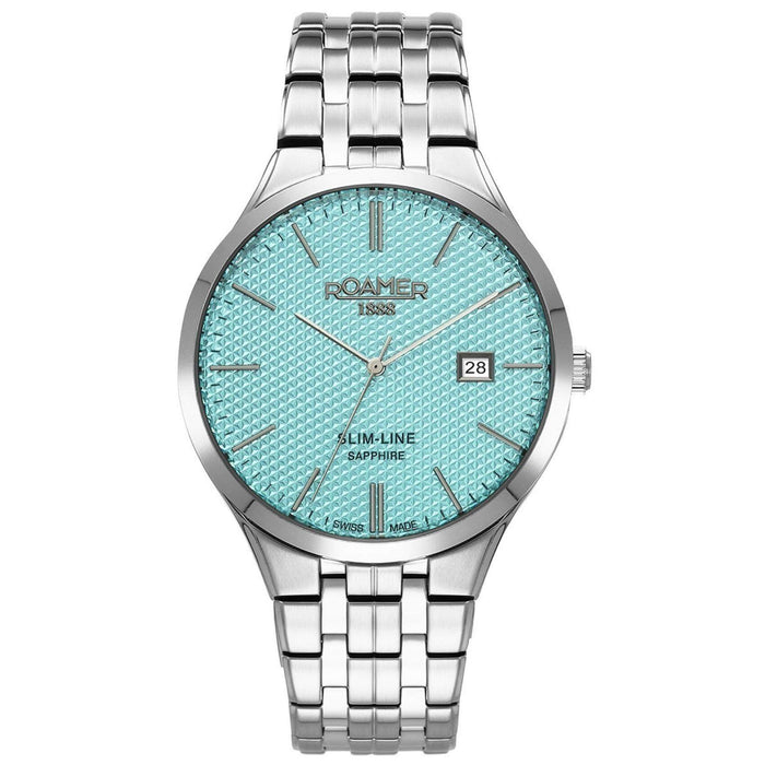 Ρολόι Roamer Slim Line 512833-41-05-20 με ασημί μπρασελέ, τιρκουαζ καντράν με ένδειξη ημερομηνίας και διάμετρο στεφανιού 40mm.