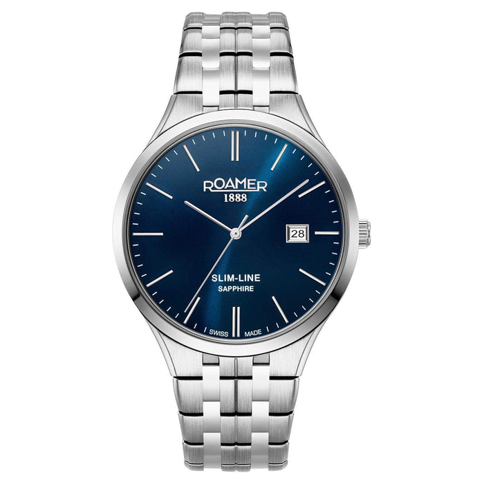 Ρολόι Roamer Slim Line 512833-41-45-20 με ασημί μπρασελέ, μπλε καντράν με ένδειξη ημερομηνίας και διάμετρο στεφανιού 40mm.