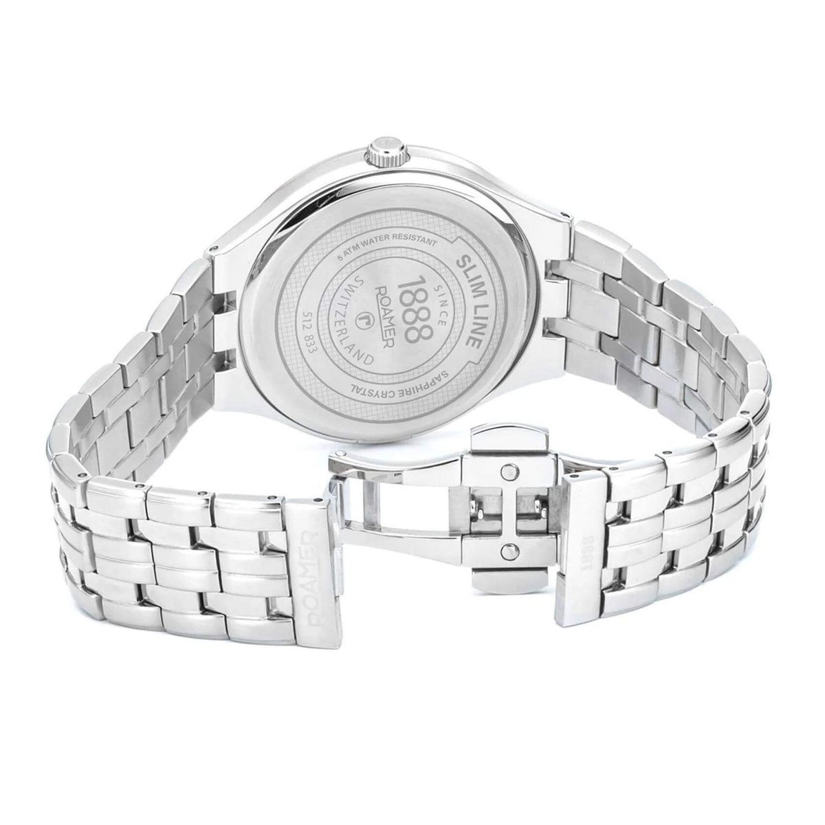 Ρολόι Roamer Slim Line 512833-41-55-20 με ασημί μπρασελέ, μαύρο καντράν με ένδειξη ημερομηνίας και διάμετρο στεφανιού 40mm.