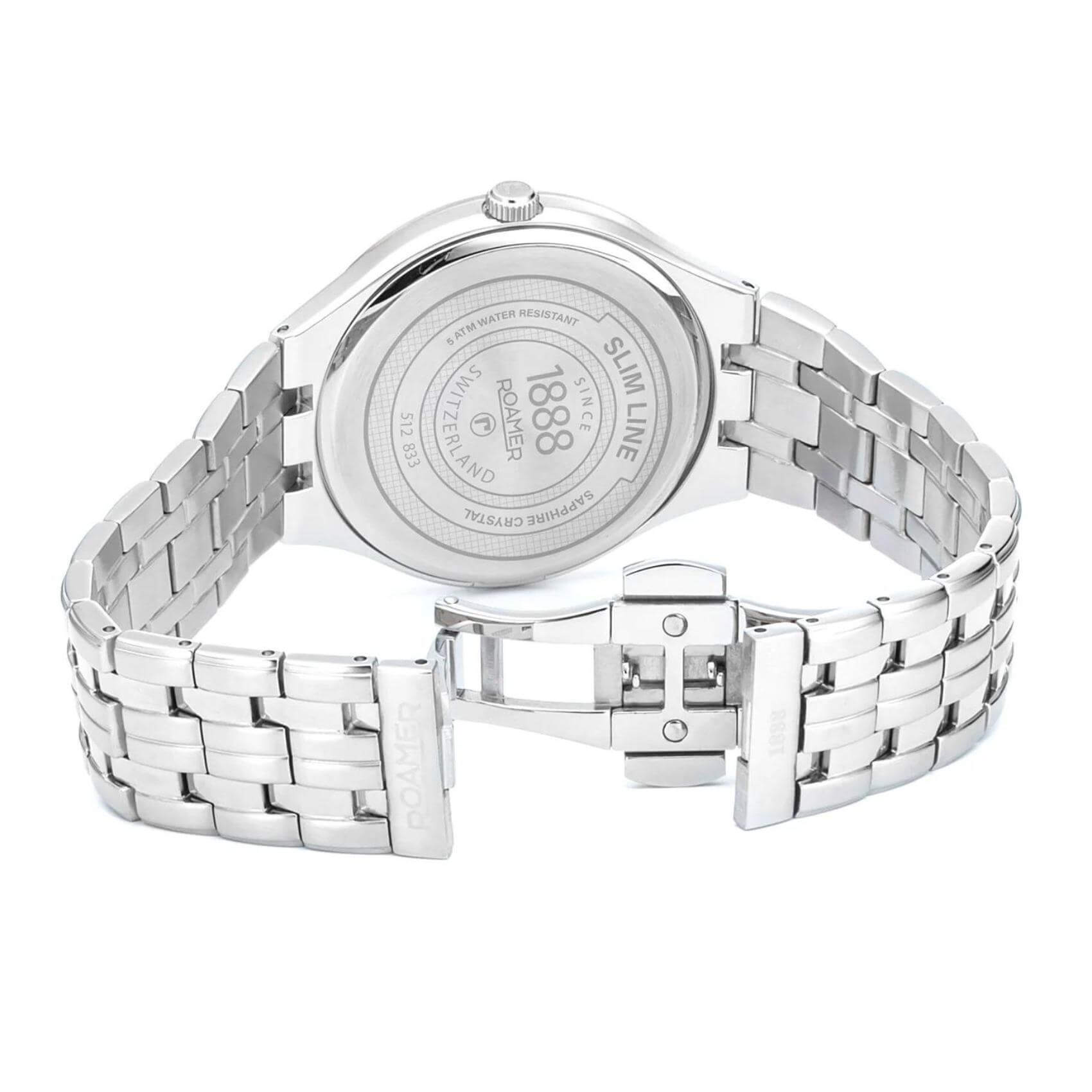 Ρολόι Roamer Slim Line 512833-41-55-20 με ασημί μπρασελέ, μαύρο καντράν με ένδειξη ημερομηνίας και διάμετρο στεφανιού 40mm.