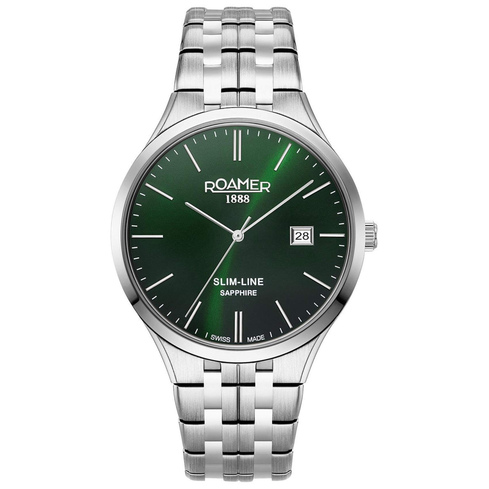 Ρολόι Roamer Slim Line 512833-41-75-20 με ασημί μπρασελέ, πράσινο καντράν με ένδειξη ημερομηνίας και διάμετρο στεφανιού 40mm.